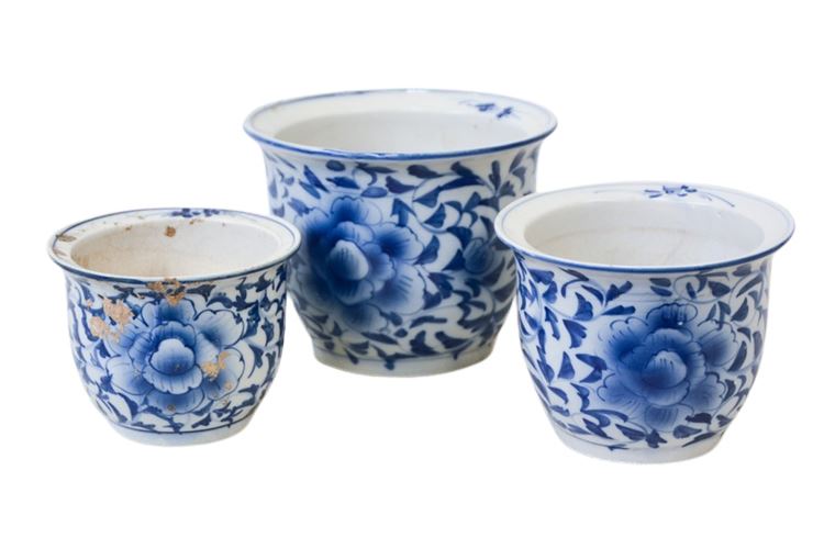 Three (3) Blue and White Floral Pattern Planters