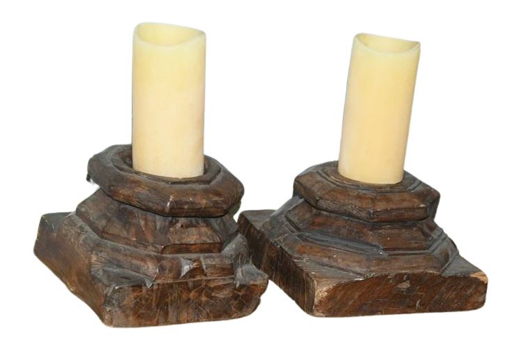 Pair Carved Wood Candle Holders