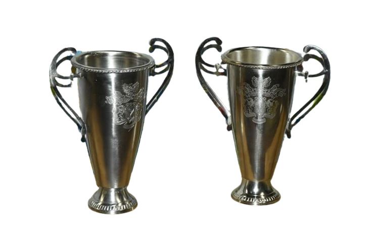 Pair Tall Etched Trophies