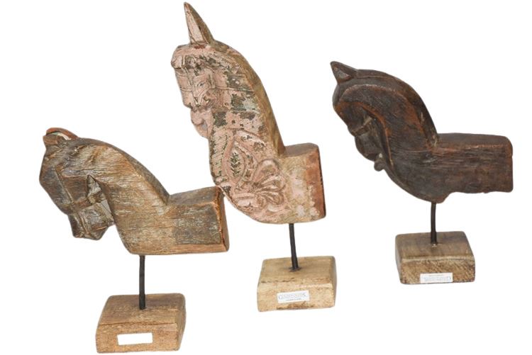 Three (3) Carved Wood Horse Head Sculptures