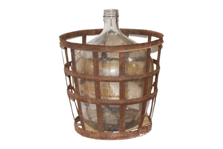 Large Glass Jug and Metal Basket