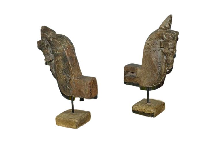 Pair Carved Wood Horse Head Sculptures On Stands