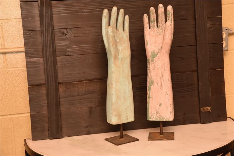 Two (2) Painted Hand Sculptures On Stands