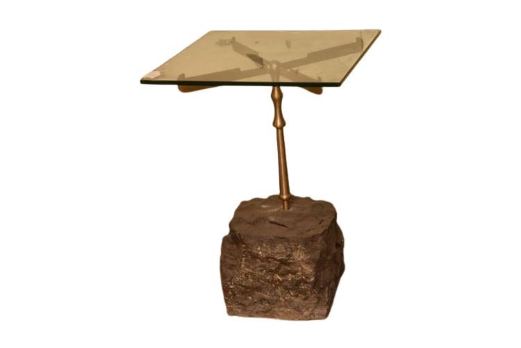 Unique Stone and Brass Glass Top End Table