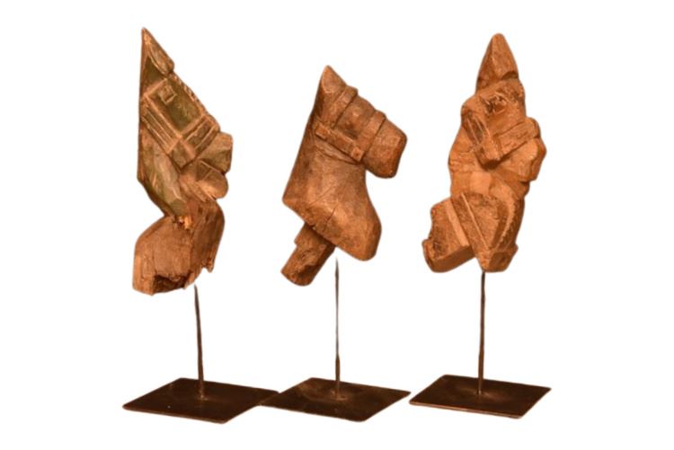 Three (3) Carved Wood Sculptures On Stands