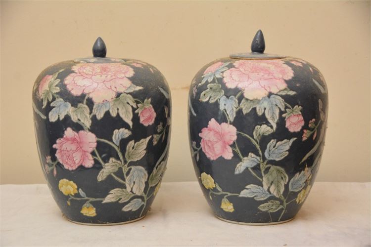 Pair Floral Pattern Ginger Jars