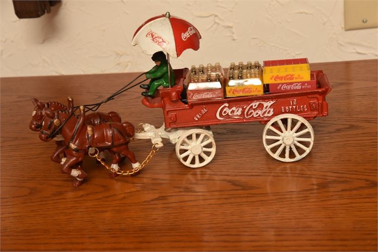 Vintage Coca Cola Cast Iron Horse Drawn Wagon Umbrella Cases Bottles Coke