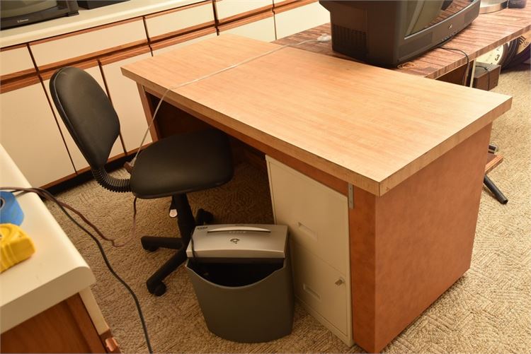 Desk, Desk Chair, and Paper Shredder