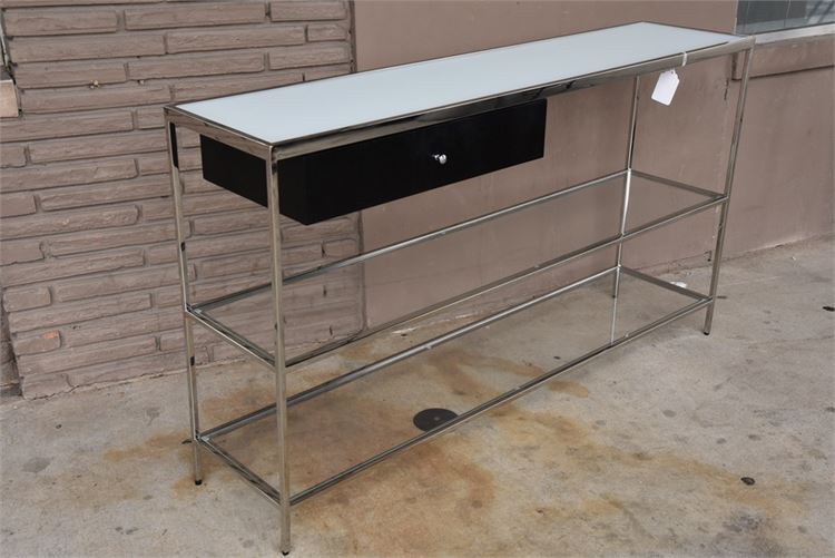 Manning 3 Shelf, 1 Drawer Console Table in Chrome & Glass