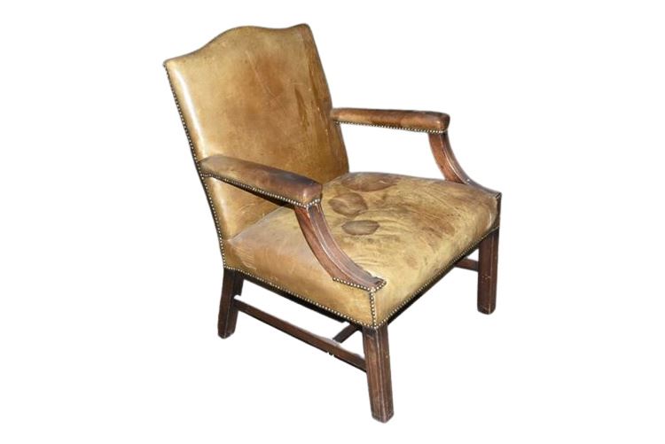Vintage Leather Upholstered Armchair With Tack Trim