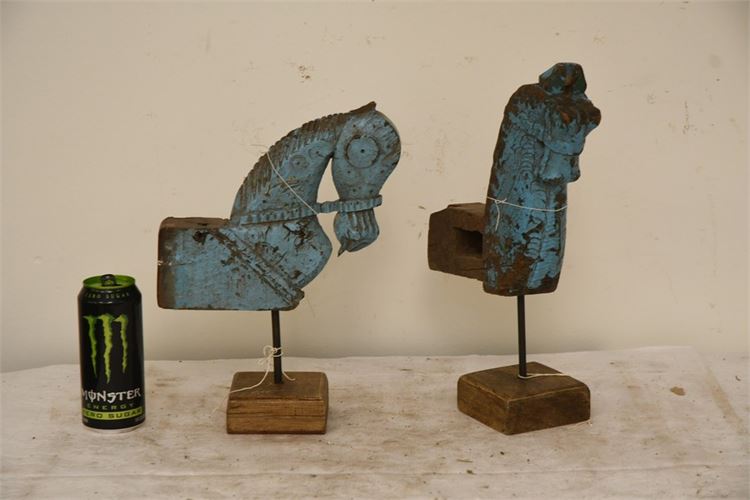 Pair Painted Wooden Sculptures On Stands