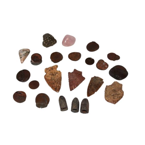 22 PC Lot - Arrowheads, Calvary Bullets, Pressed Pennies, Mineral/Gemsto