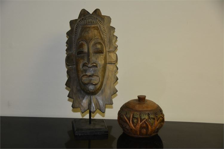 Carved Wood Sculpture And Bowl With Lid