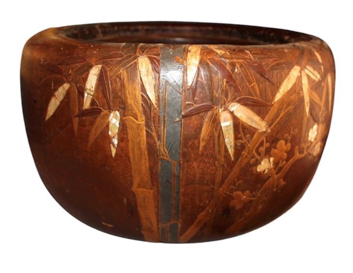 Late 19th C. Wood and Copper Nacre Inlay Hibachi Brazier, Large 18"