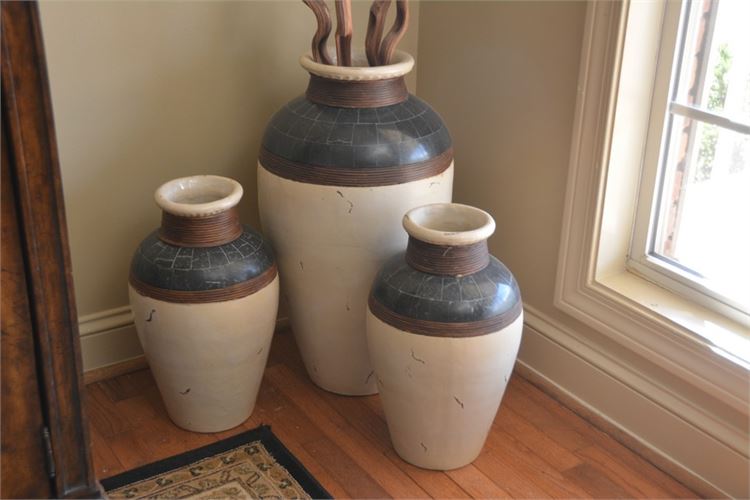 Trio Of Blue and Cream Vases