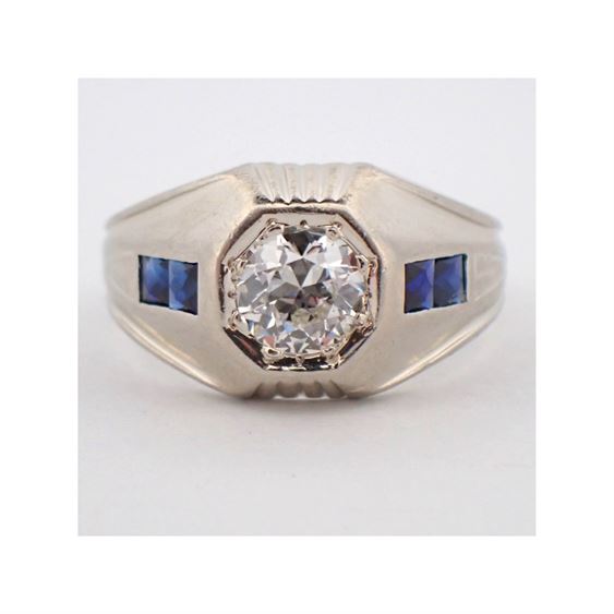 20K White Gold 0.66 ct. Old European Cut Diamond and Sapphire Ring
