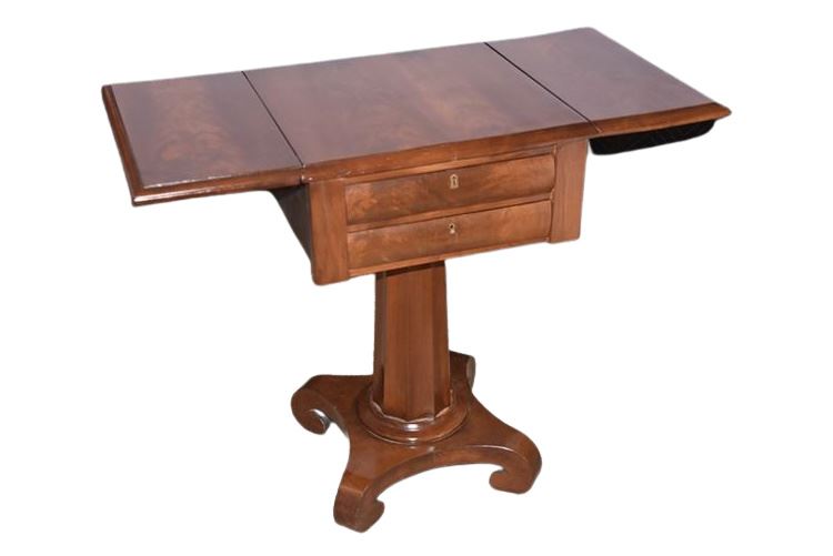 Neoclassical American Empire Flame Mahogany Drop Leaf Side Table With Two Drawer