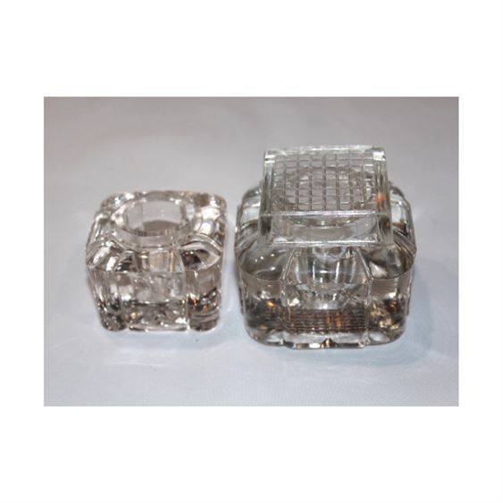 Victorian Pair of Chunky Glass Crystal Cube Inkwells