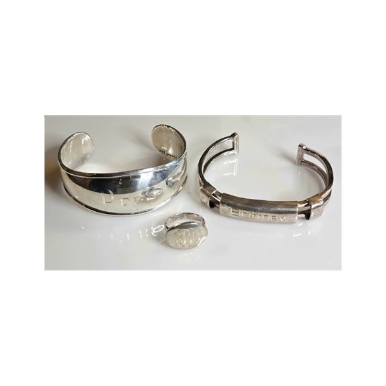 925 Silver Engraved Cuff, Open Bangle and Ring, 3 Pc