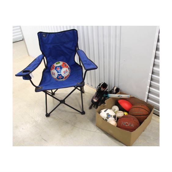 Assorted Sports Balls, Inline Skates and Portable Chair, 13 Pc
