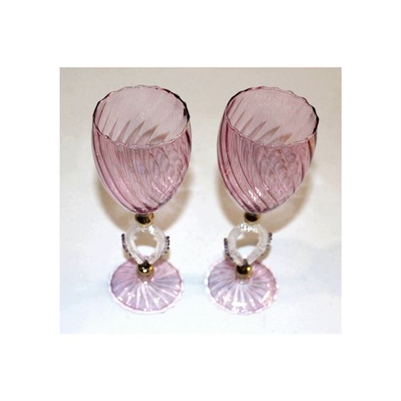 Vintage Pair Murano Venetian Style Art Glass Wine Goblets