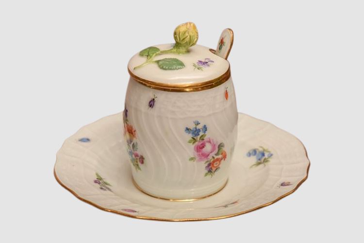 Meissen Mustard Jar with a Spoon in Hand-Painted Porcelain with Flowers