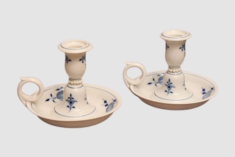 Pair Meissen Blue Onion Candle-holders