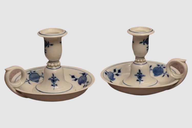 Pair Meissen Blue Onion Candle-holders