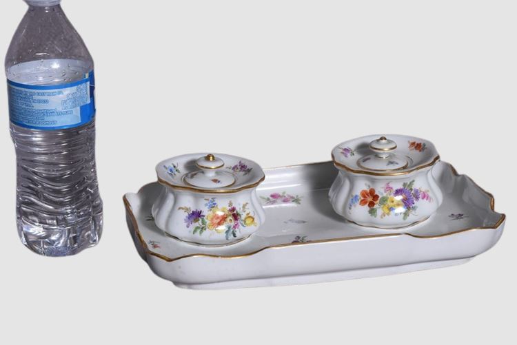 Meissen Inkwell Set Porcelain With Floral & Insect Motif