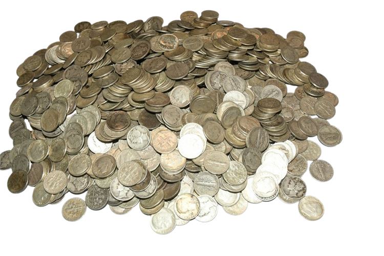 Approx. 1000 90% Silver Mostly Mercury & Roosevelt Dimes Approx. Weight 2500g
