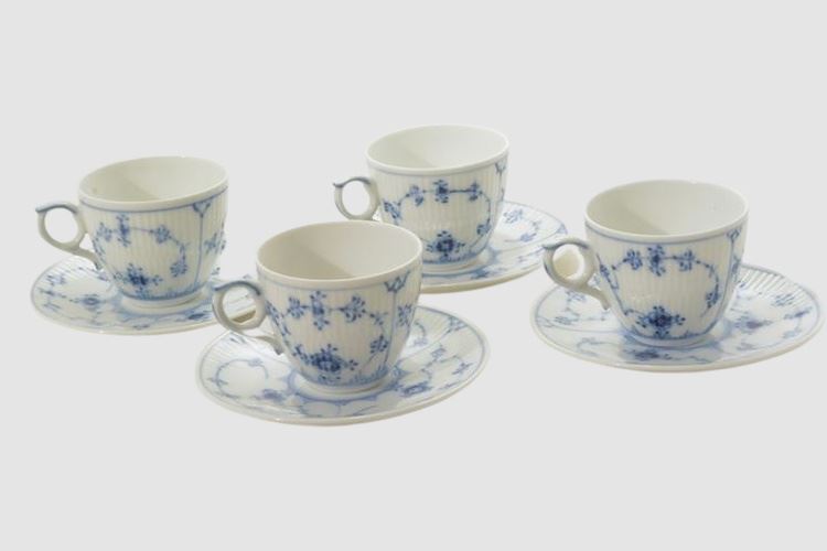 Four (4) Royal Copenhagen Blue Cups & Saucers