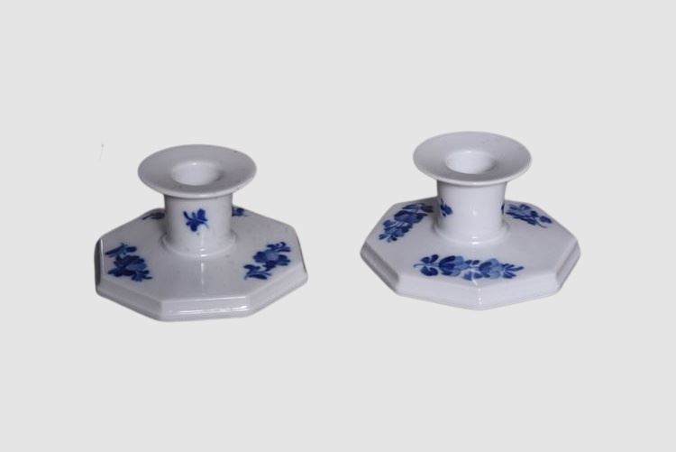 Pair Royal Copenhagen Porcelain Candlestick Blue & White Flowers Denmark