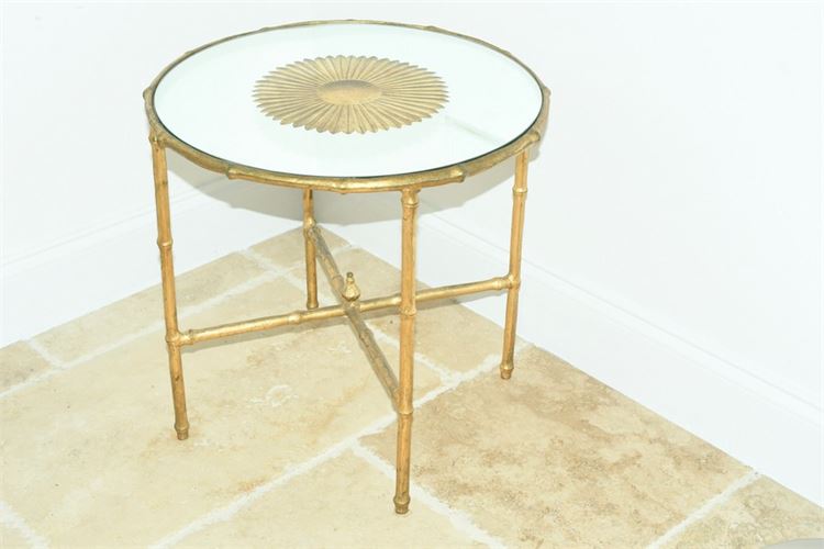 Gilt Metal Faux Bamboo Mirror Top Side Table