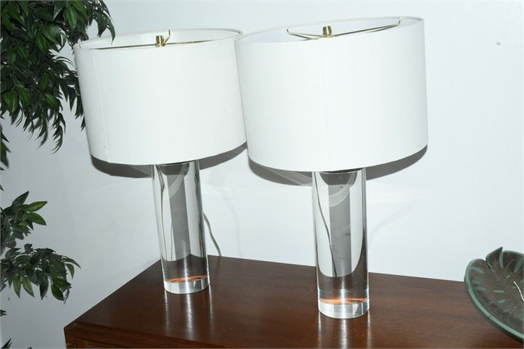 Pair Modern Heavy Crystal Cylindrical Table Lamps