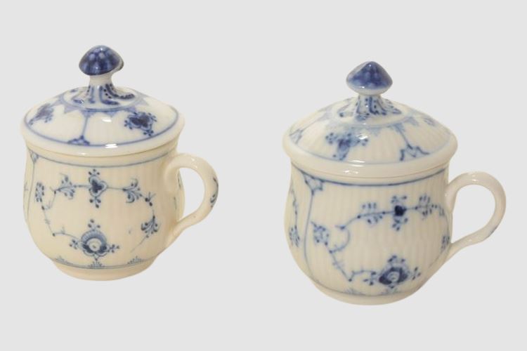 Pair Royal Copenhagen, blue fluted; A mustard pot of porcelain