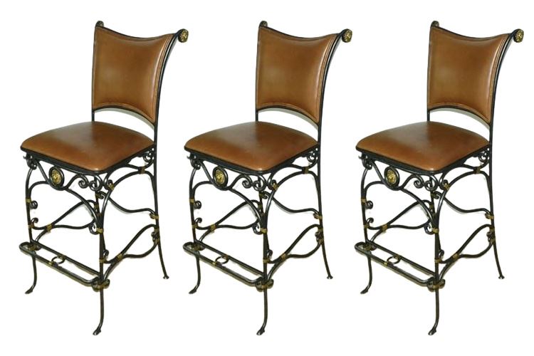 Three (3) Scrolled Wrought Iron and Brass Leather Upholstered Stools