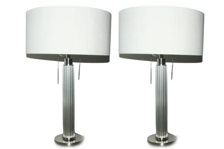 Pair Polished Aluminum Modern Column Form Tables Lamp With Shade