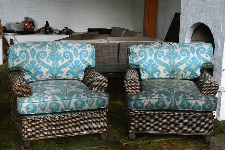 Pair Outdoor Armchairs With Cushions (upholstery needs cleaning)