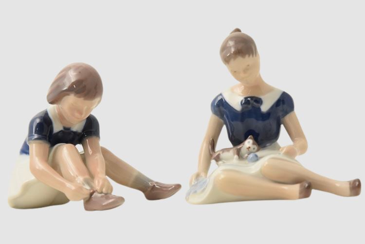 Bing & Grondahl Birgitte Girl With Cat / Girl Lacing Her Shoes