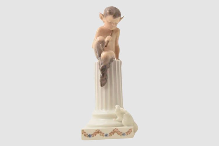 Royal Copenhagen Satyr Pan Faun, On Pillar W/ Flute & Rabbit Figurine