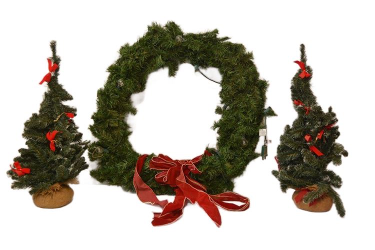 Christmas Wreath and Two (2) Table Top Christmas Trees