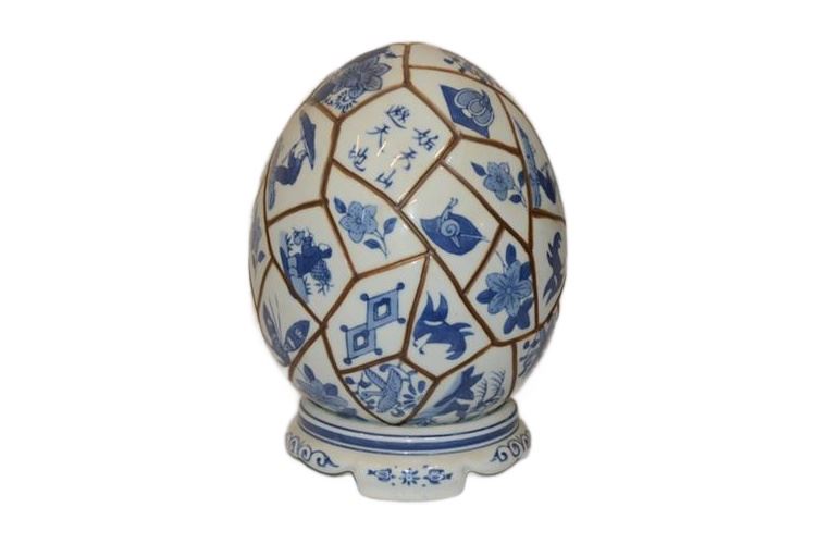 Chinoiserie Blue and White Ceramic Egg