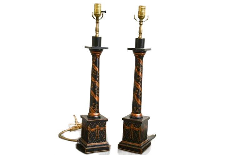 Pair Paint Decorated Stick Lamps