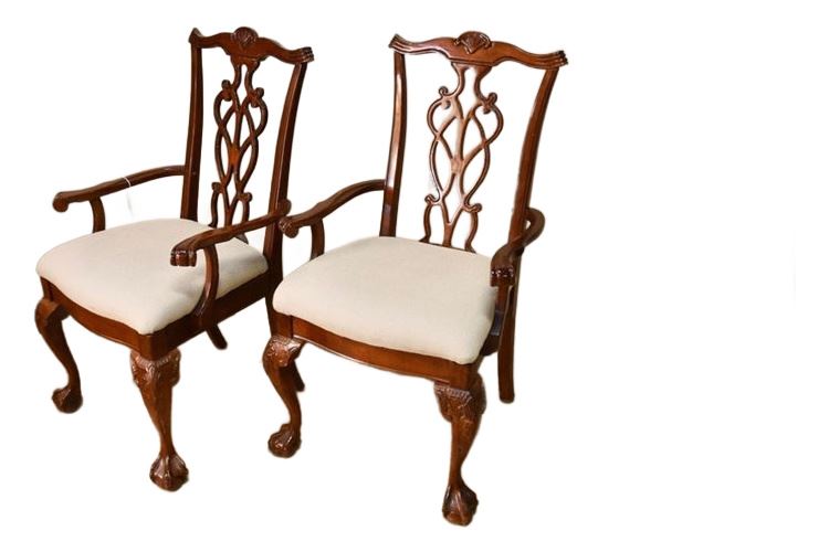 Pair Ribbon Back Mahogany Armchairs with Ball and Claw Feet and Upholstered Seat