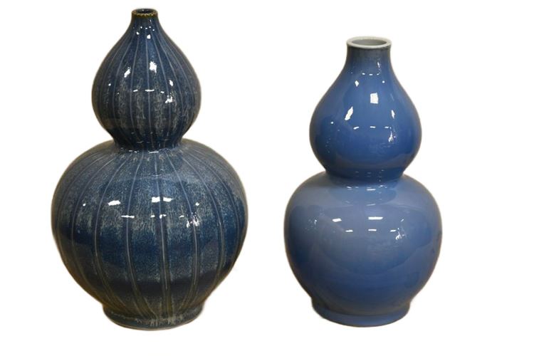 Two (2) Blue Glazed Double Gourd Form Vases