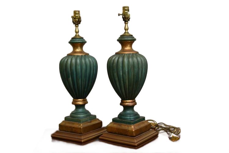 Pair Green and Gilt Traditional Table Lamps