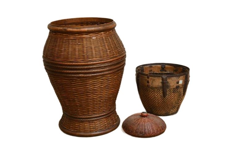 Two (2) Woven Vessels One With Lid