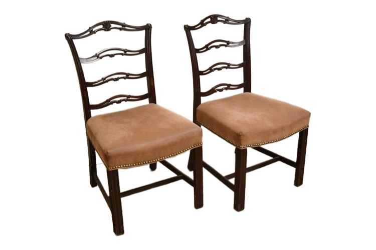 Pair Ladderback Mahogany Chairs With Upholstered Seats