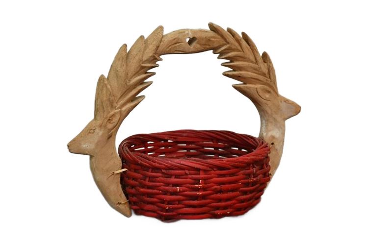 1930s Arts & Crafts Americana Folk Art Hand Carved Double Deer Handled Basket.