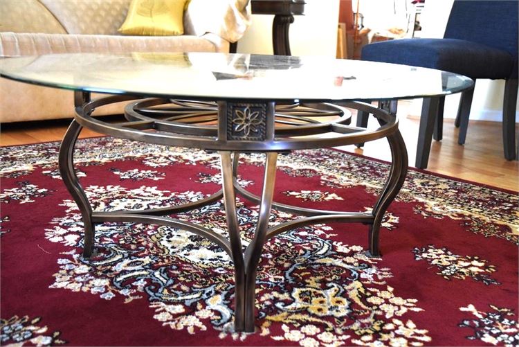 Glass Top Coffee Table with Scrolled Metal Base